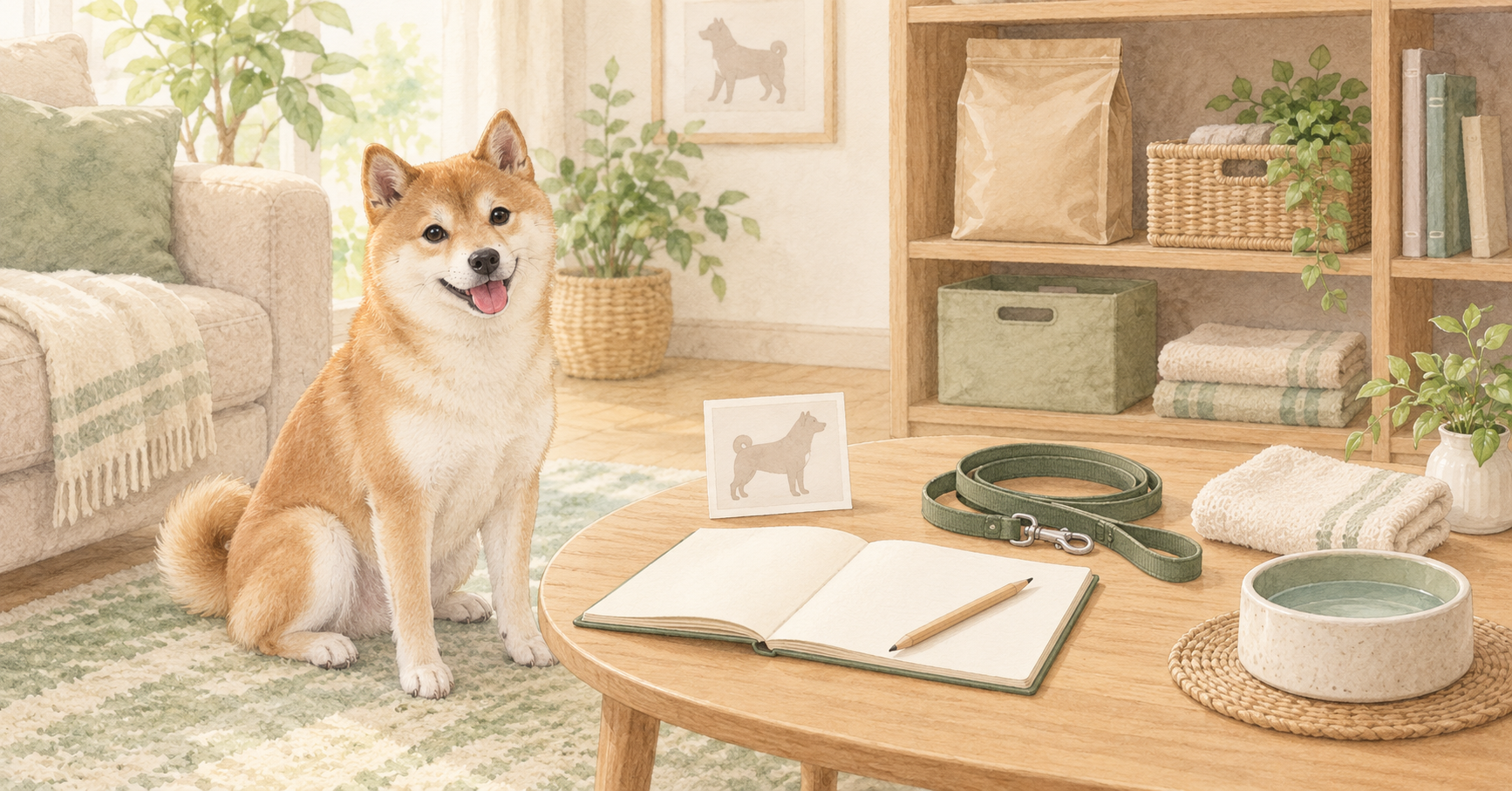 犬のそばにノート、写真のカード、リード、食器と整理した用品を置いたイラスト