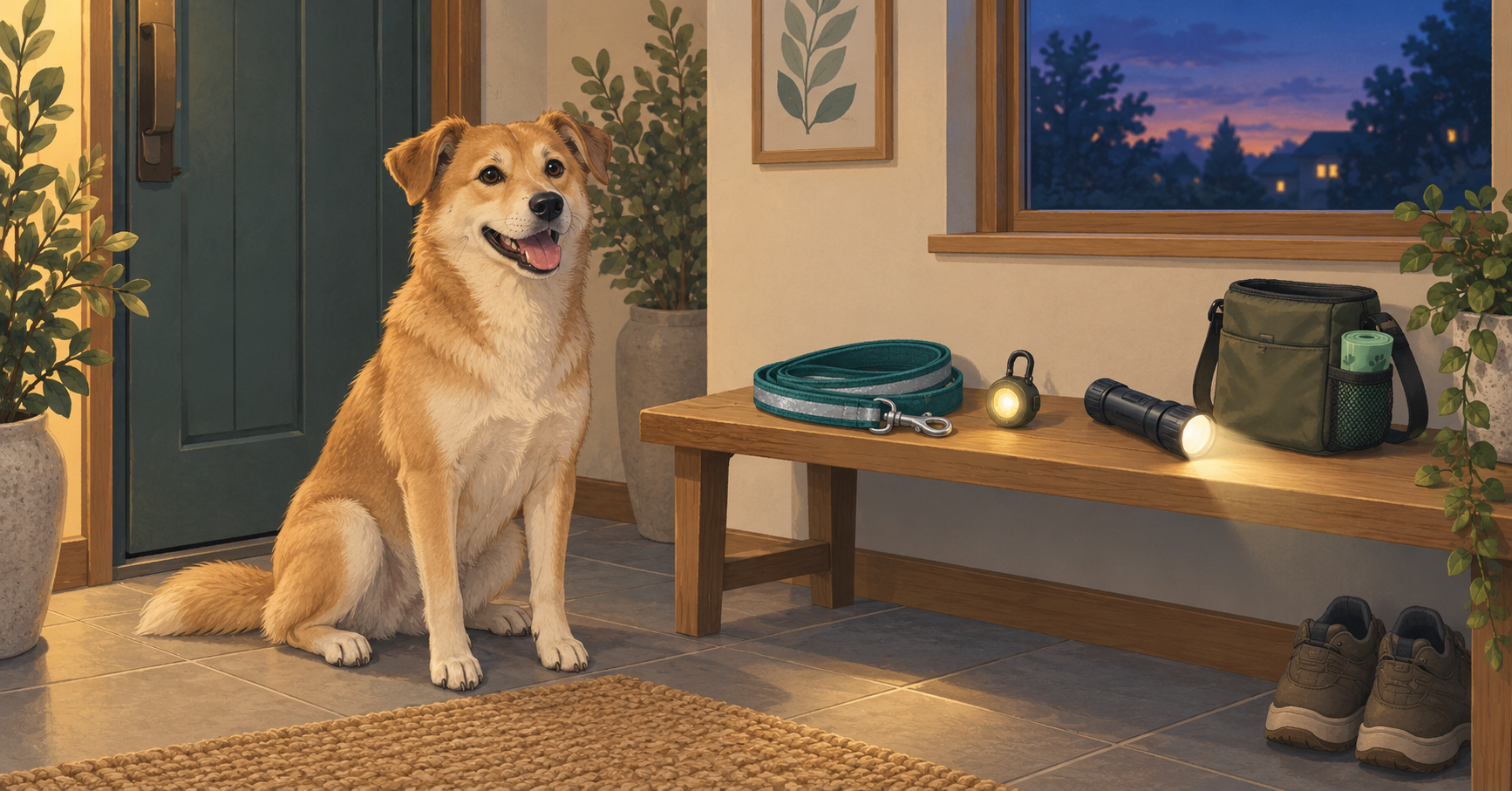 夕暮れの玄関で待つ犬と、反射材付きリード、点灯したライト、散歩バッグのイラスト